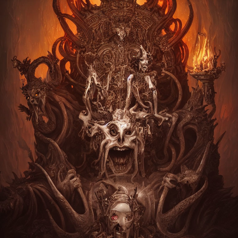 Gothic image with mask-like figure, twisted creatures, eerie faces, and fiery torches