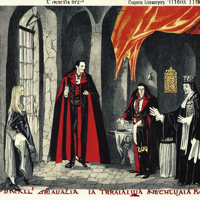 Vintage Gothic Illustration with Vampires and Frightened Woman