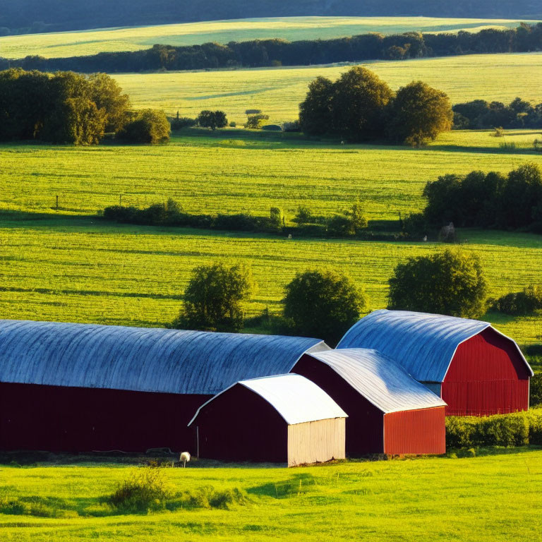 Red barns with white roofs in green field, hills, and trees under sunlight