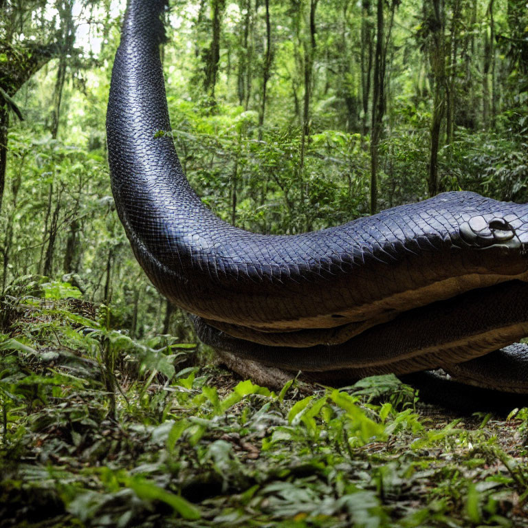 Large Dark-Scaled Snake Moving Through Lush Forest