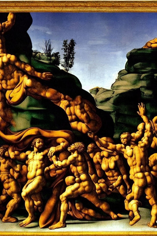 Renaissance painting of muscular nude figures in chaotic struggle