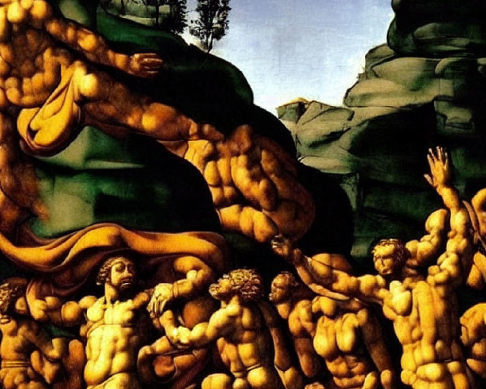 Renaissance painting of muscular nude figures in chaotic struggle