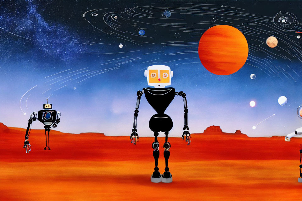 Cartoon Robots on Mars-Like Landscape with Red Planet