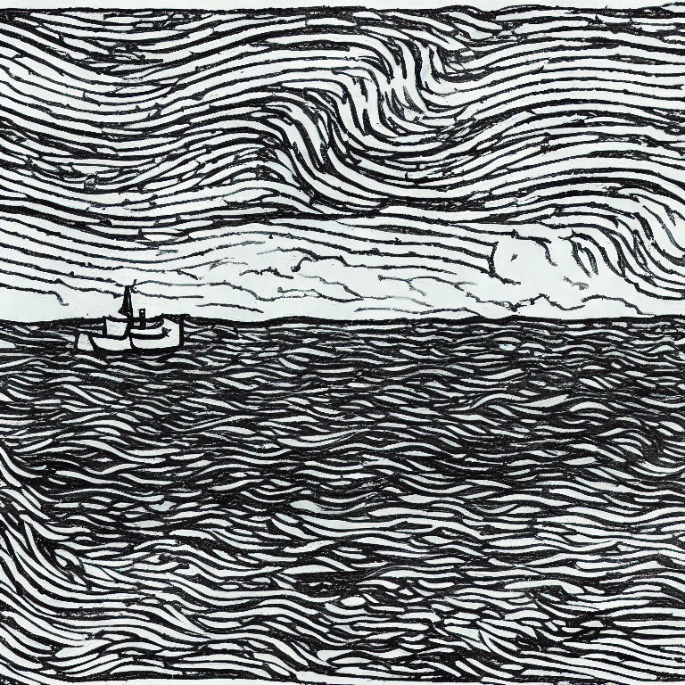 Monochromatic line drawing of boat on wavy seas with cloud-filled sky