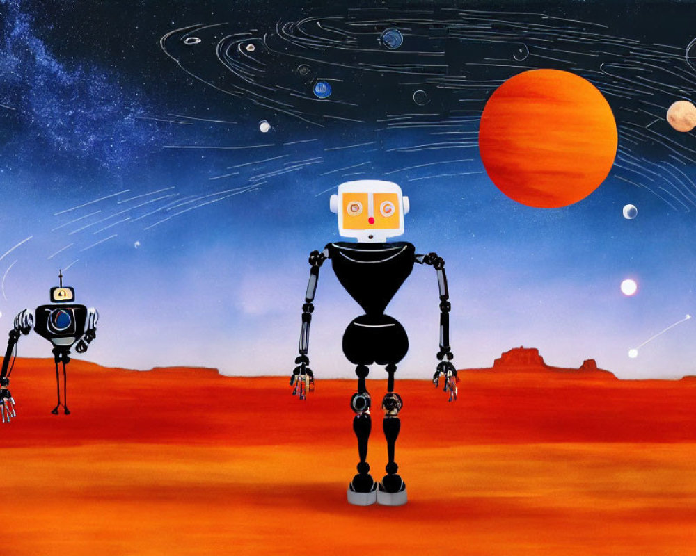 Cartoon Robots on Mars-Like Landscape with Red Planet