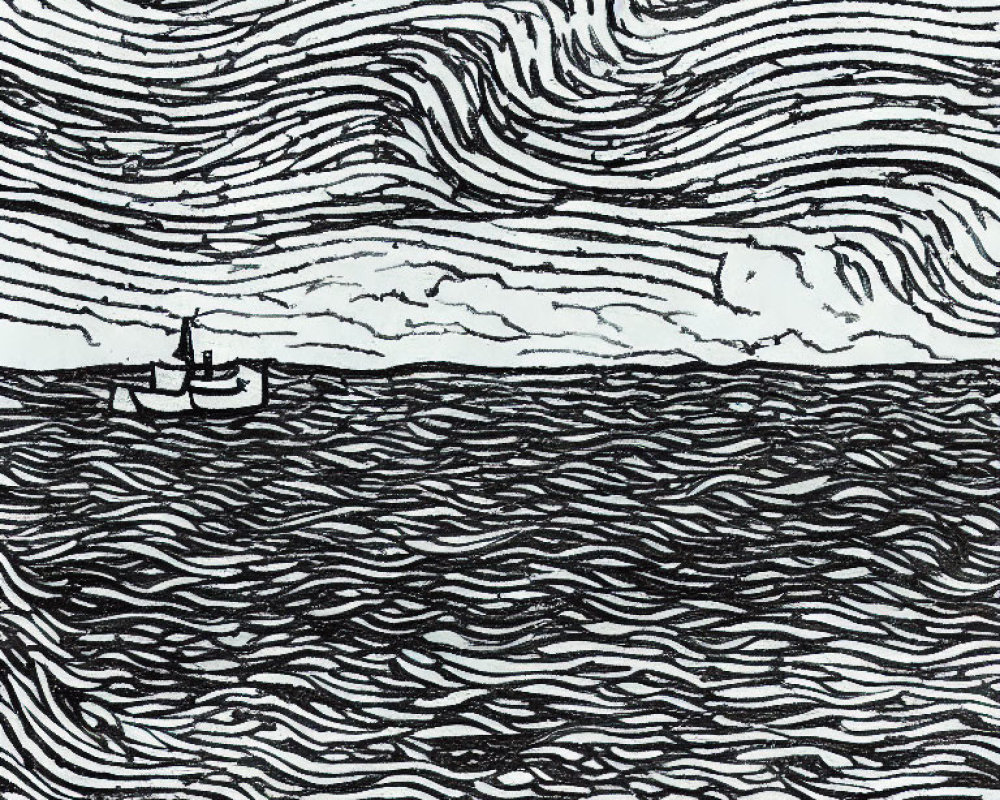 Monochromatic line drawing of boat on wavy seas with cloud-filled sky