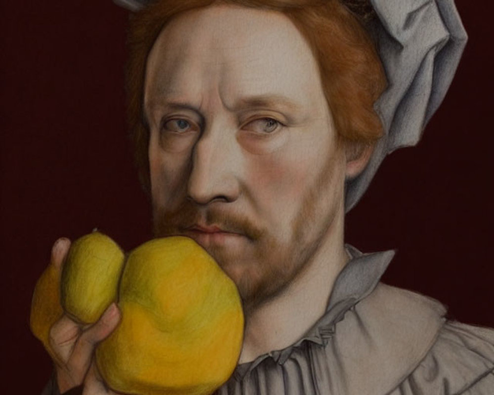 Portrait of a person with ruff-collar shirt holding a quince on dark background