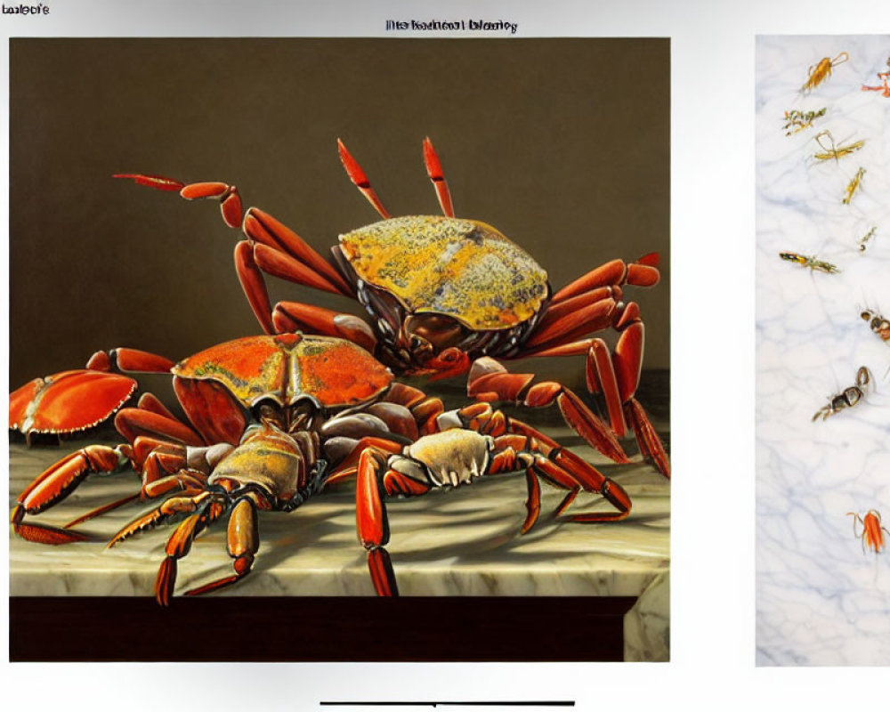 Realistic painting of crabs on table next to photo of ants on white surface