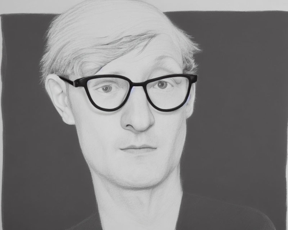 Detailed monochrome portrait of a person with black-rimmed glasses and piercing gaze