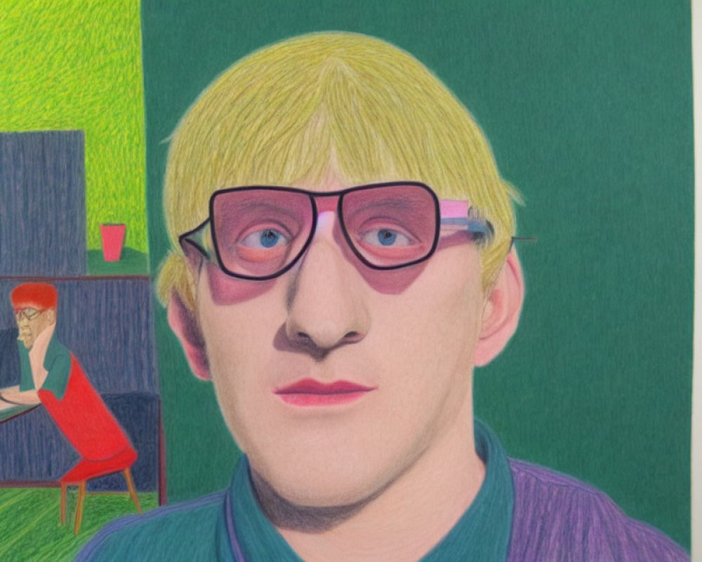 Blonde man with pink glasses in stylized portrait, green background, red figure seated behind