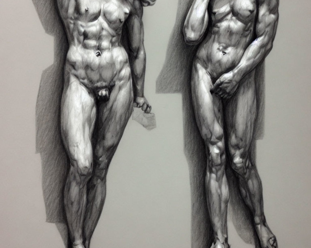 Muscular Male and Female Figures in Dynamic Pencil Drawing