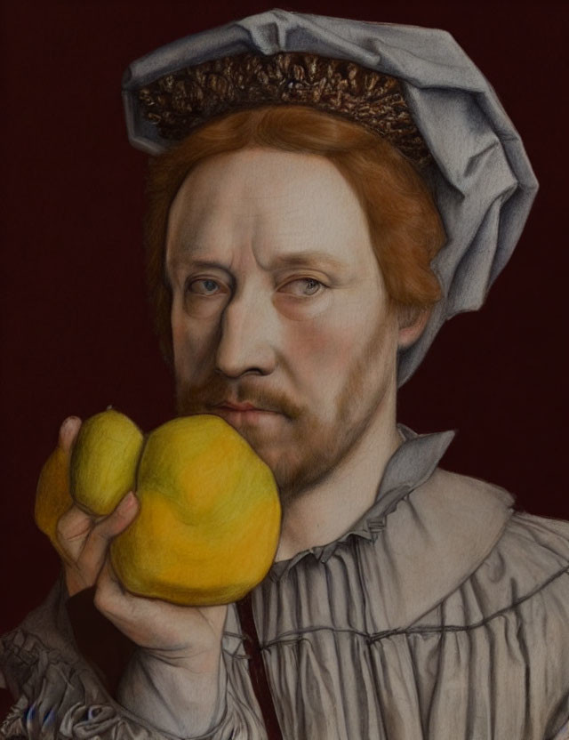 Portrait of a person with ruff-collar shirt holding a quince on dark background