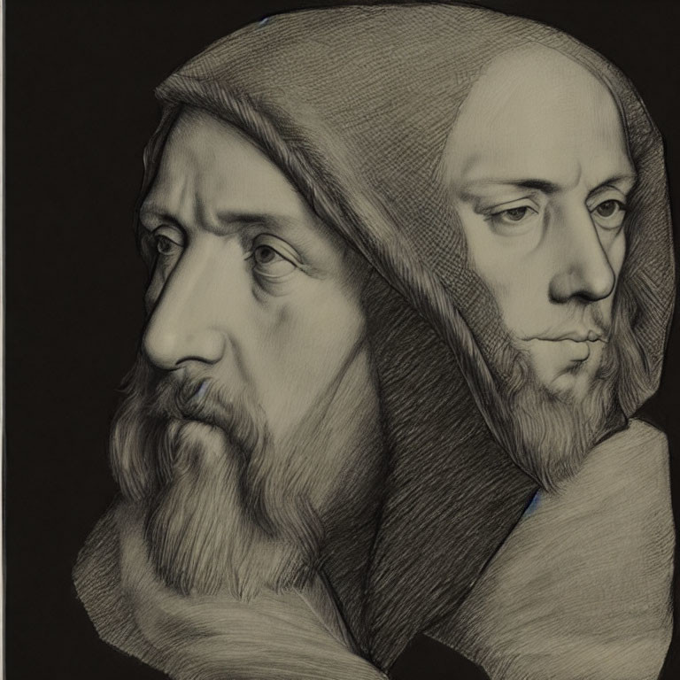 Double-headed figure in hooded garments: pencil drawing