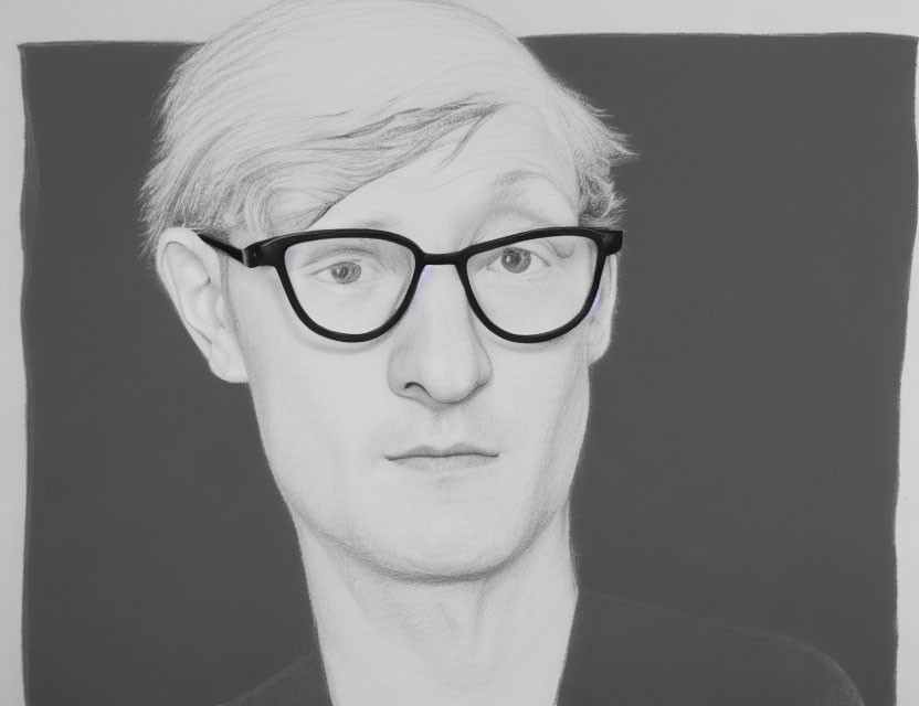 Detailed monochrome portrait of a person with black-rimmed glasses and piercing gaze