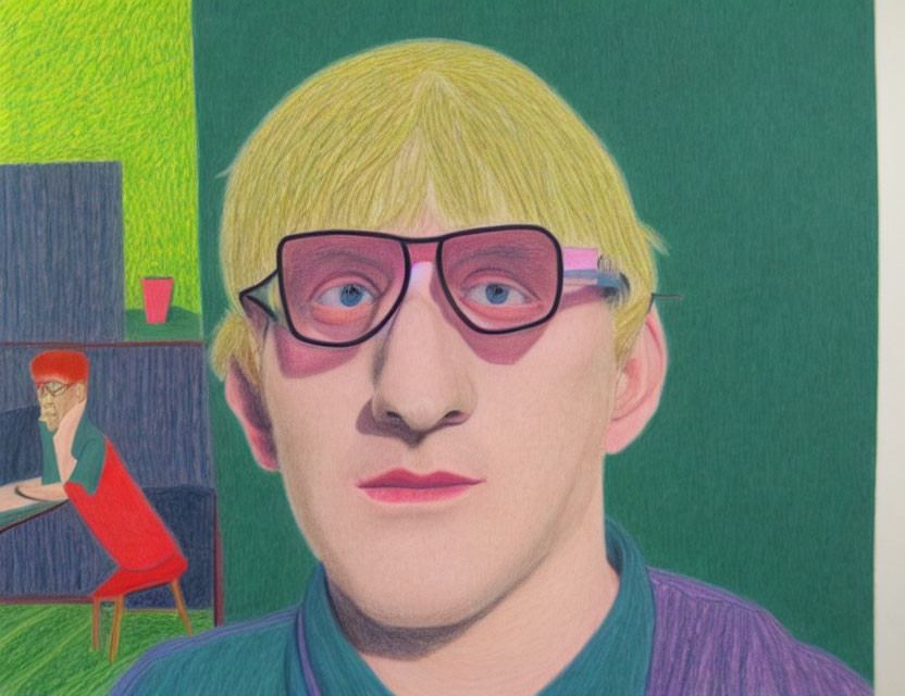 Blonde man with pink glasses in stylized portrait, green background, red figure seated behind