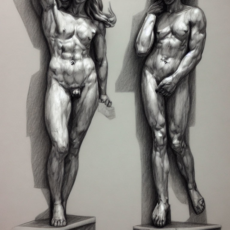 Muscular Male and Female Figures in Dynamic Pencil Drawing