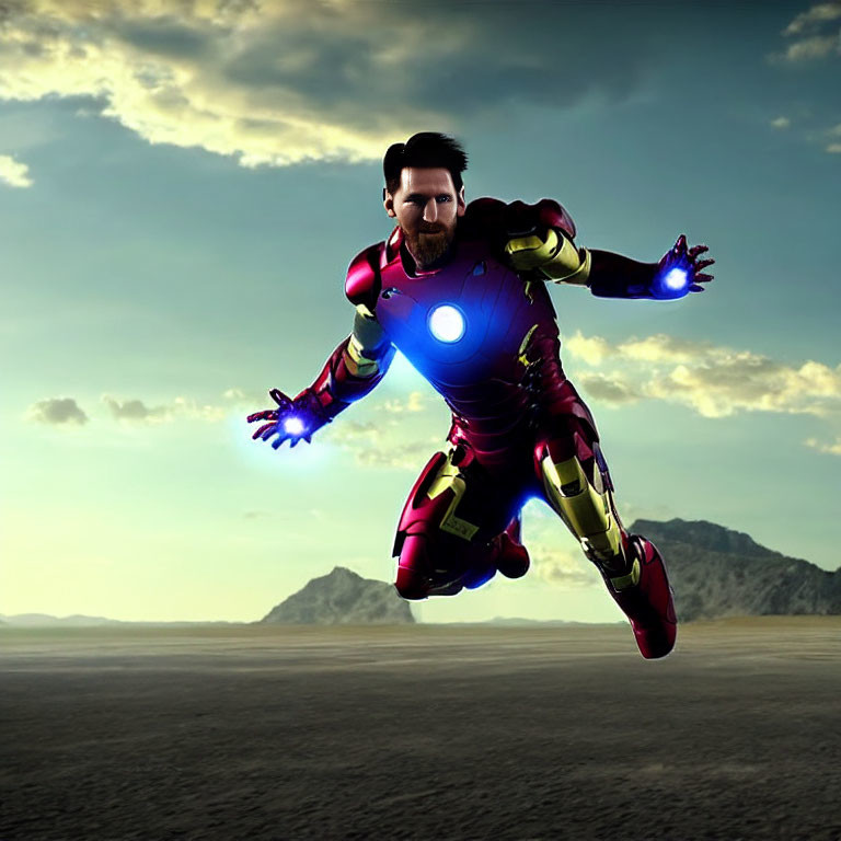 Person in Iron Man suit flying over desert with activated repulsors