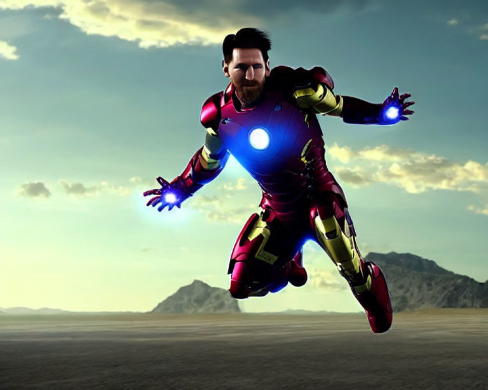 Person in Iron Man suit flying over desert with activated repulsors