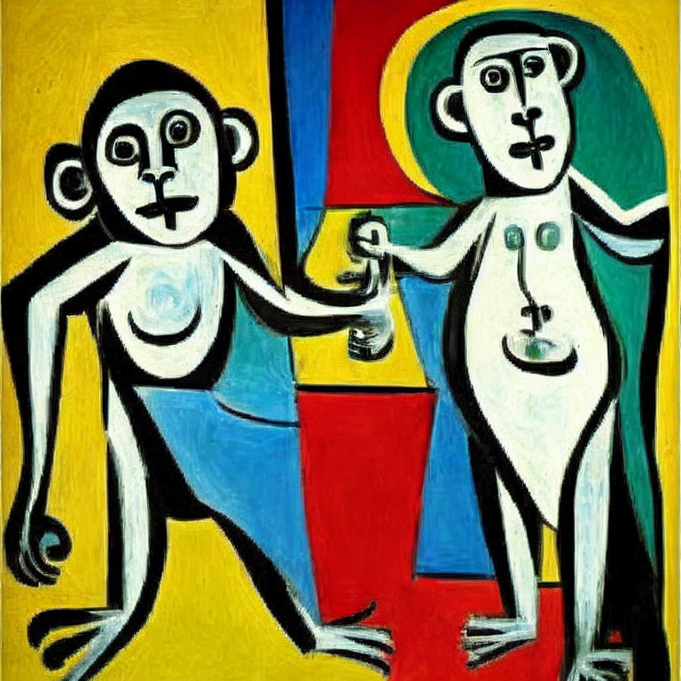 Vibrant abstract painting featuring two monkeys with cup, set amidst geometric shapes