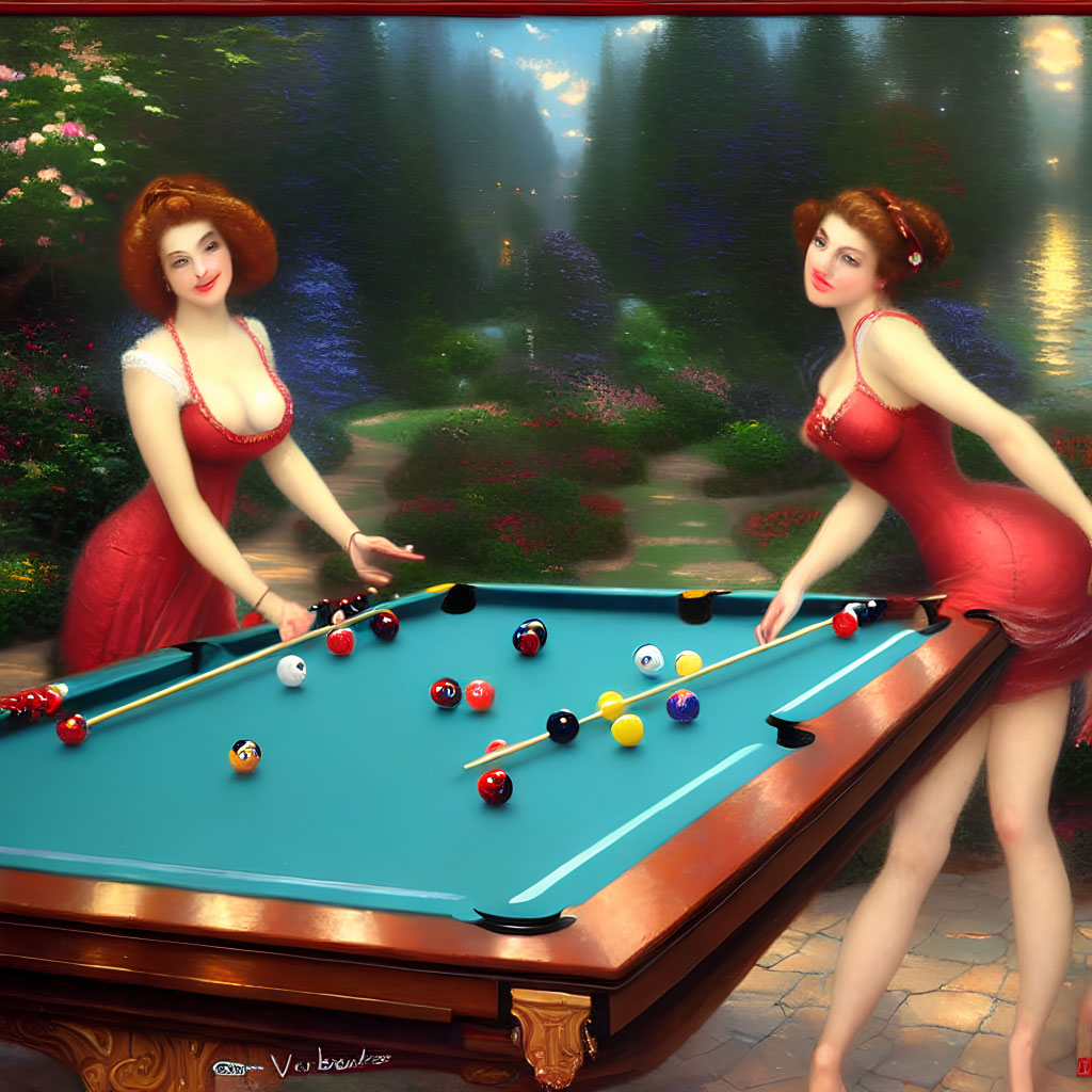 Two women in red dresses playing pool by serene lake-view windows