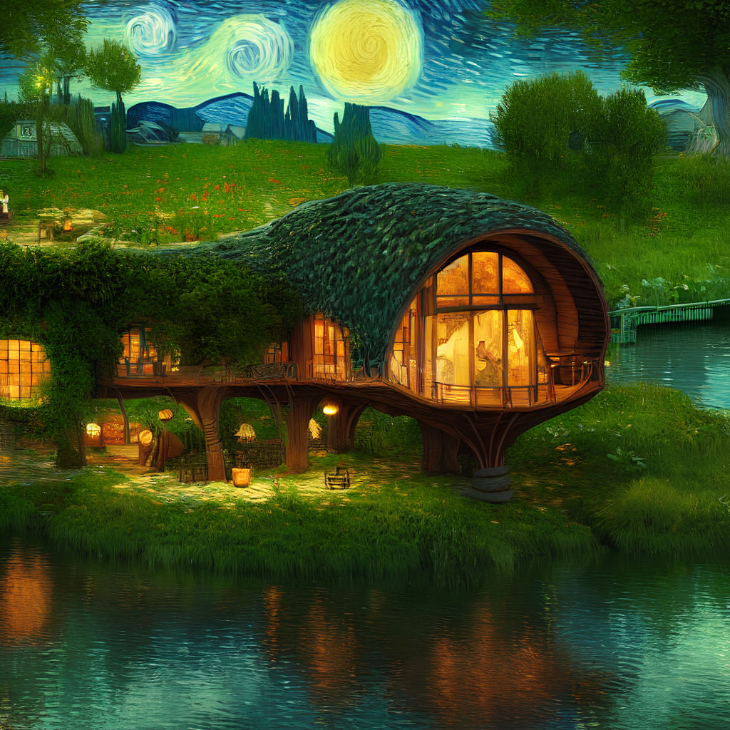 Whimsical wooden house by serene river in Van Gogh-inspired scene