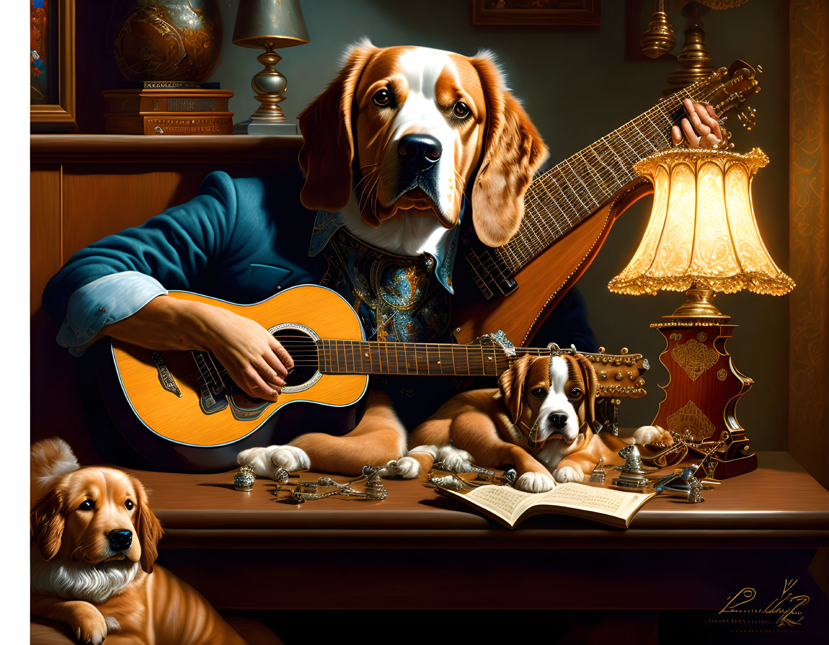 Person with Dog's Head Playing Guitar Surrounded by Puppies, Book, and Lamp