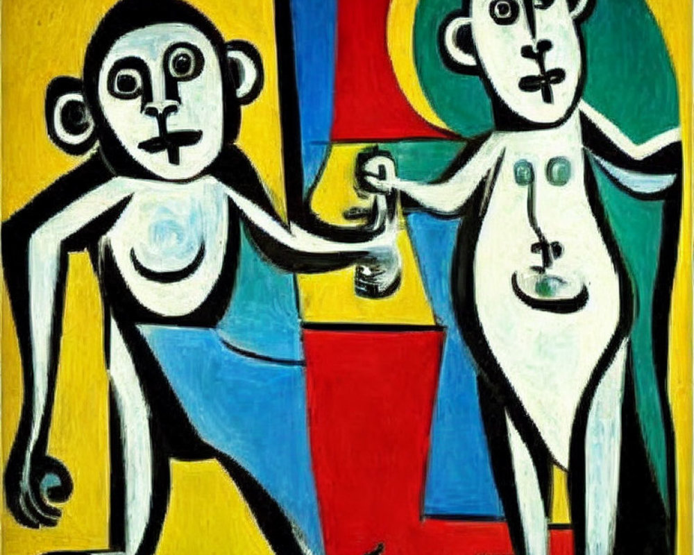 Vibrant abstract painting featuring two monkeys with cup, set amidst geometric shapes