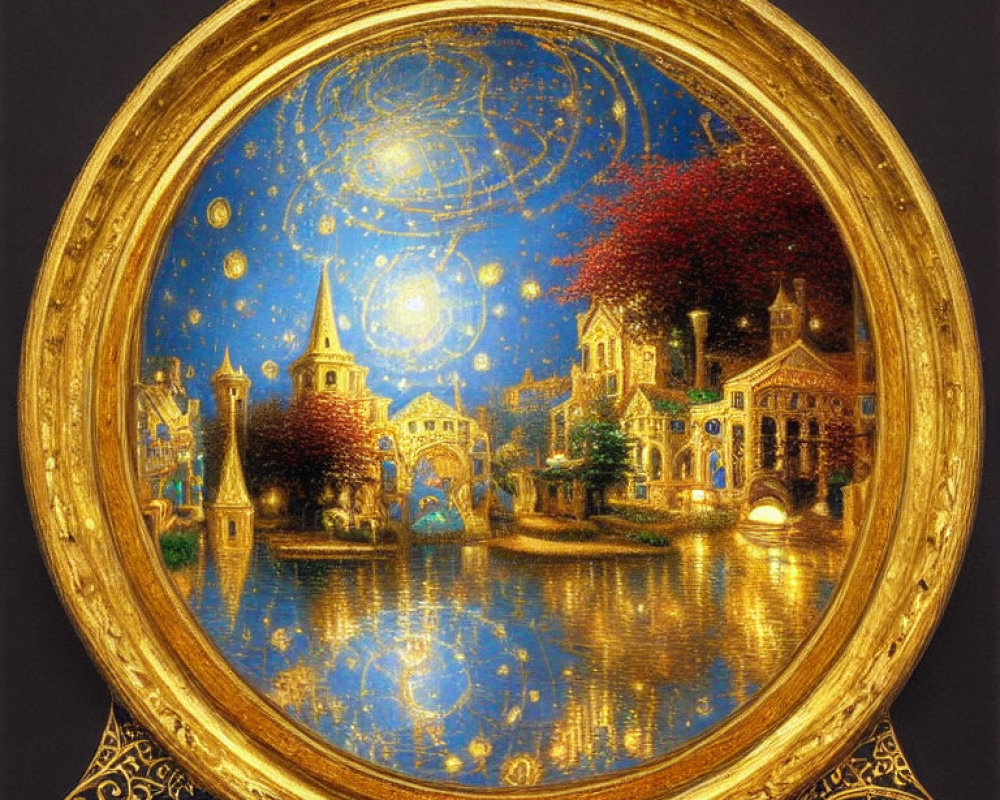 Golden Frame Surrounds Vibrant Fantasy Village Painting