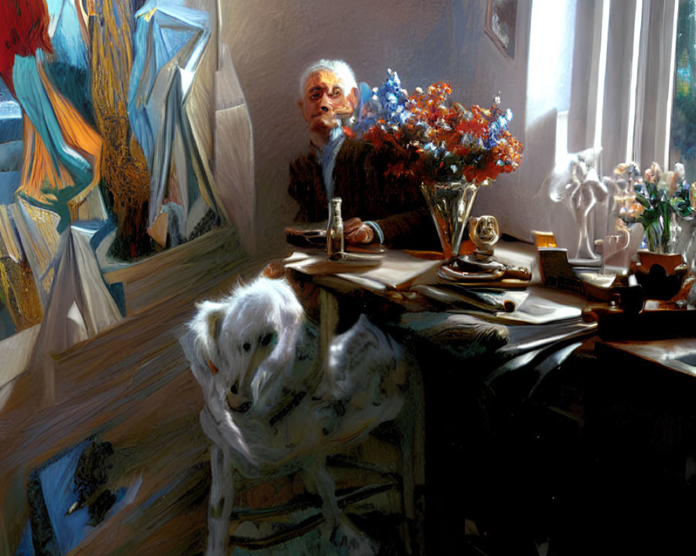 Elderly Man with White Dog Surrounded by Paintings and Window Light