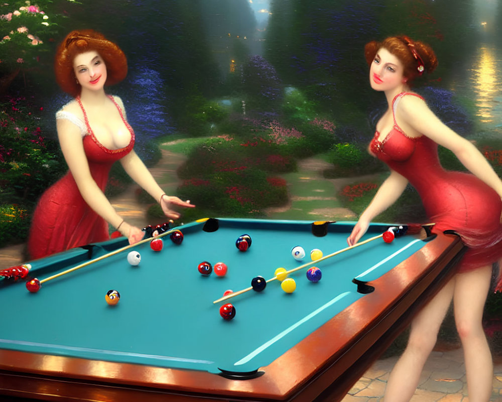 Two women in red dresses playing pool by serene lake-view windows