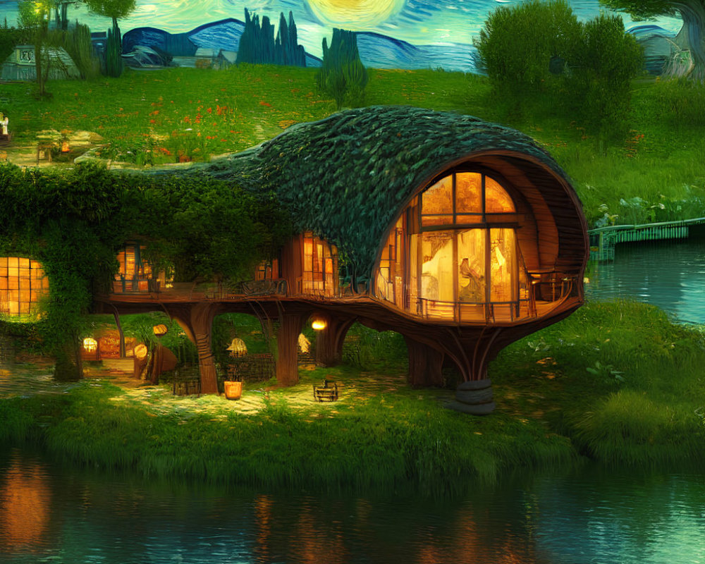 Whimsical wooden house by serene river in Van Gogh-inspired scene