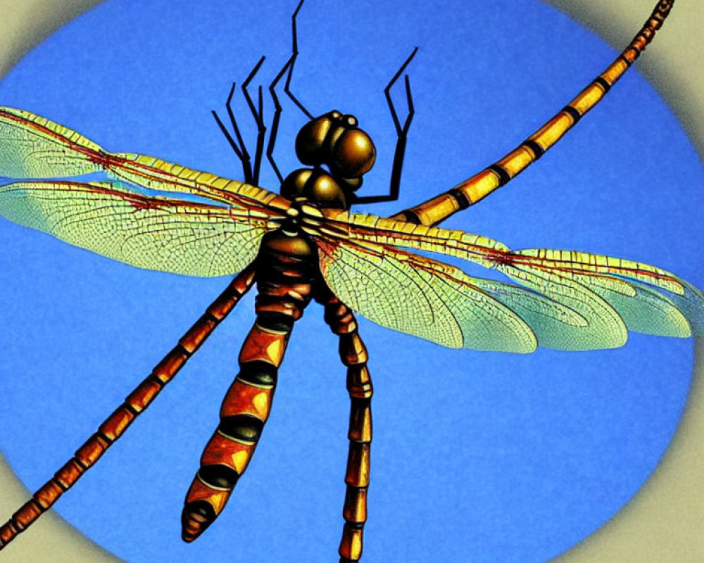 Detailed Dragonfly Illustration with Transparent Wings on Blue Bubbled Background