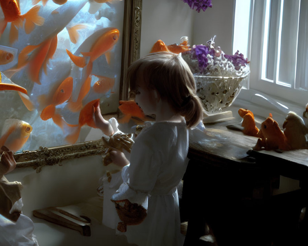 Child in white dress admires goldfish in ornate tank by sunlit window