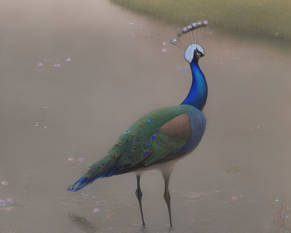 Colorful peacock in shallow water surrounded by vibrant garden reflections