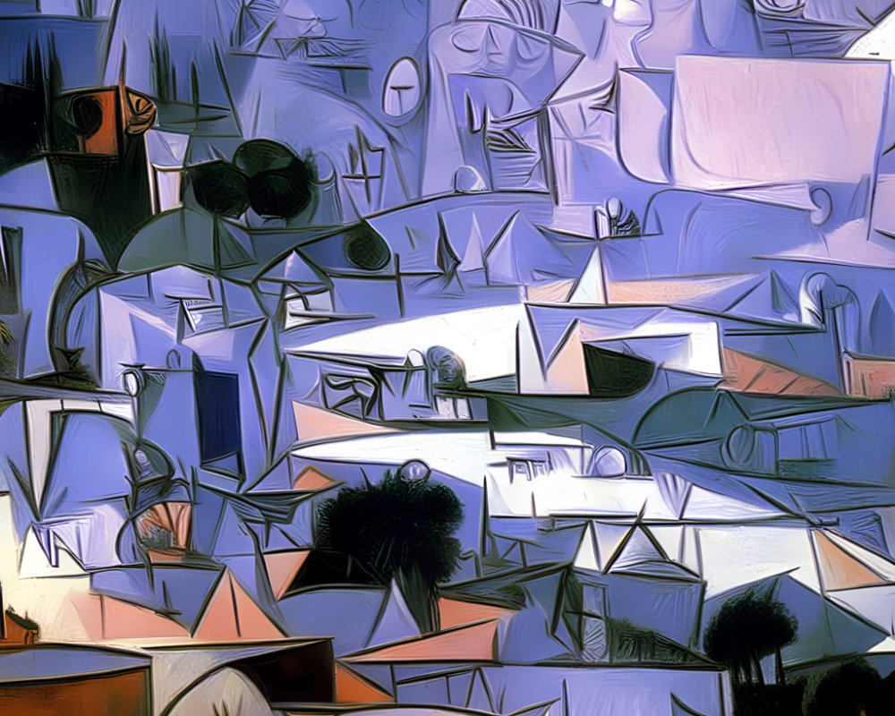 Cubist abstract painting in blue, white, and earth tones depicting a landscape with fragmented shapes.