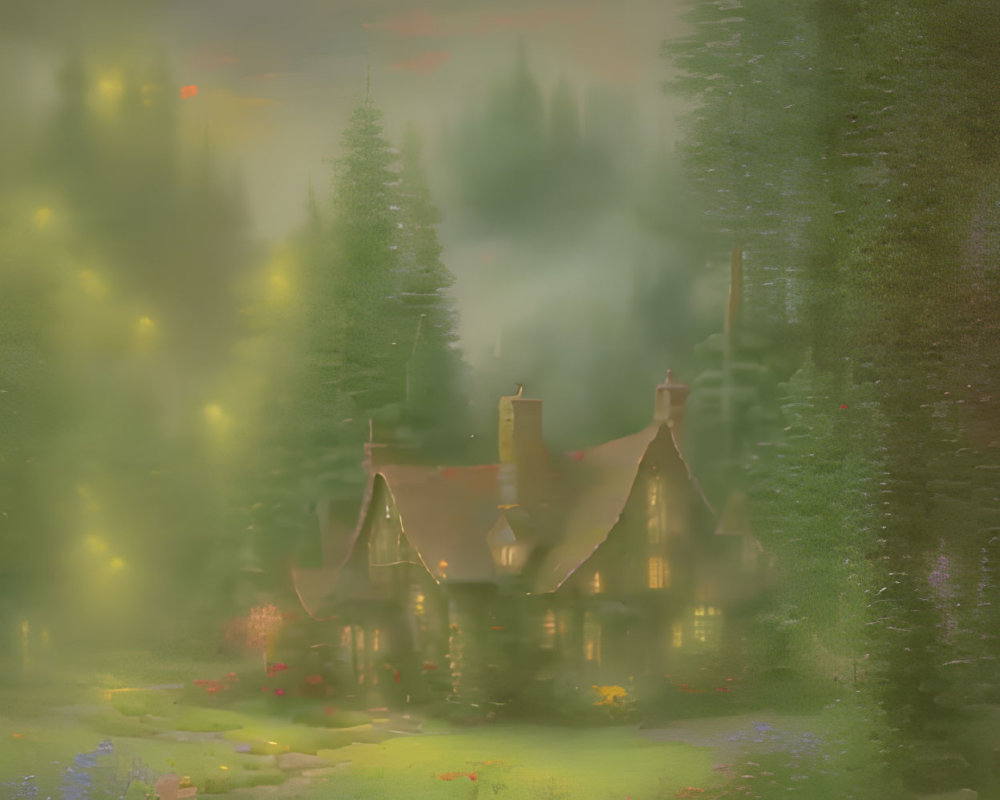 Cozy cottage with smoking chimneys in misty forest glade at sunset