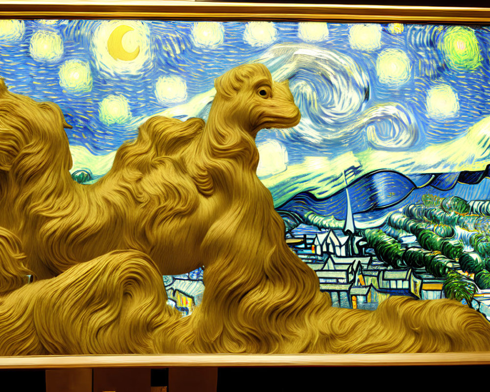 Three-dimensional landscape with camel shapes merging in swirling sky and village