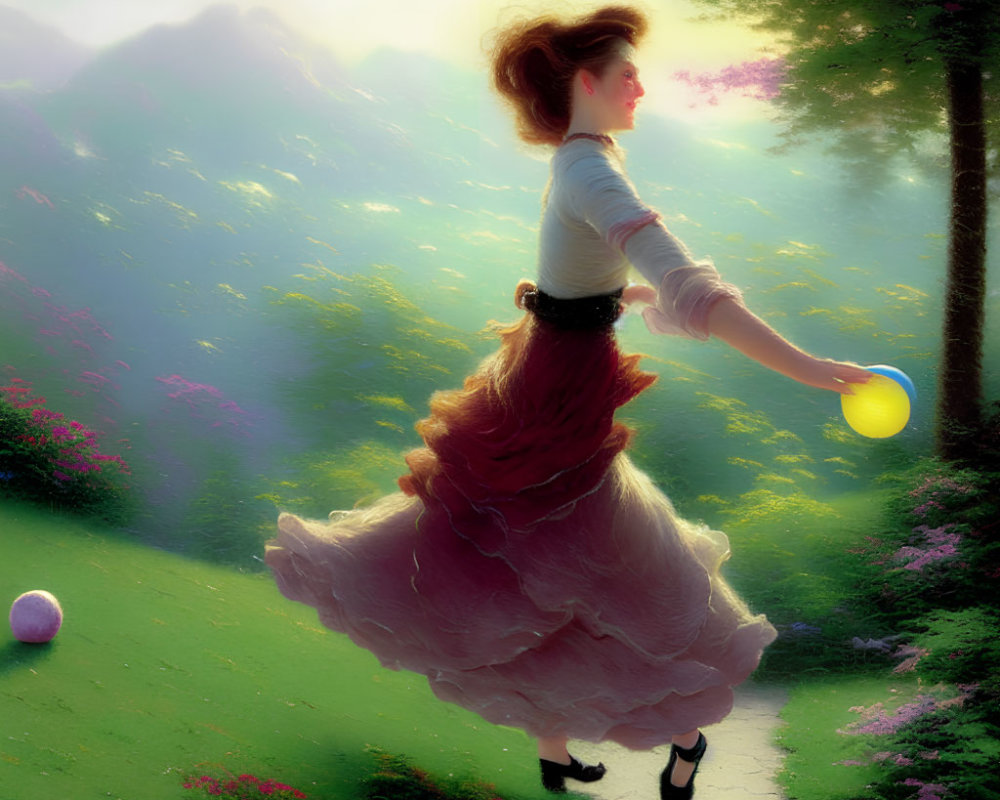 Woman in flowing dress touches light orb on magical forest path