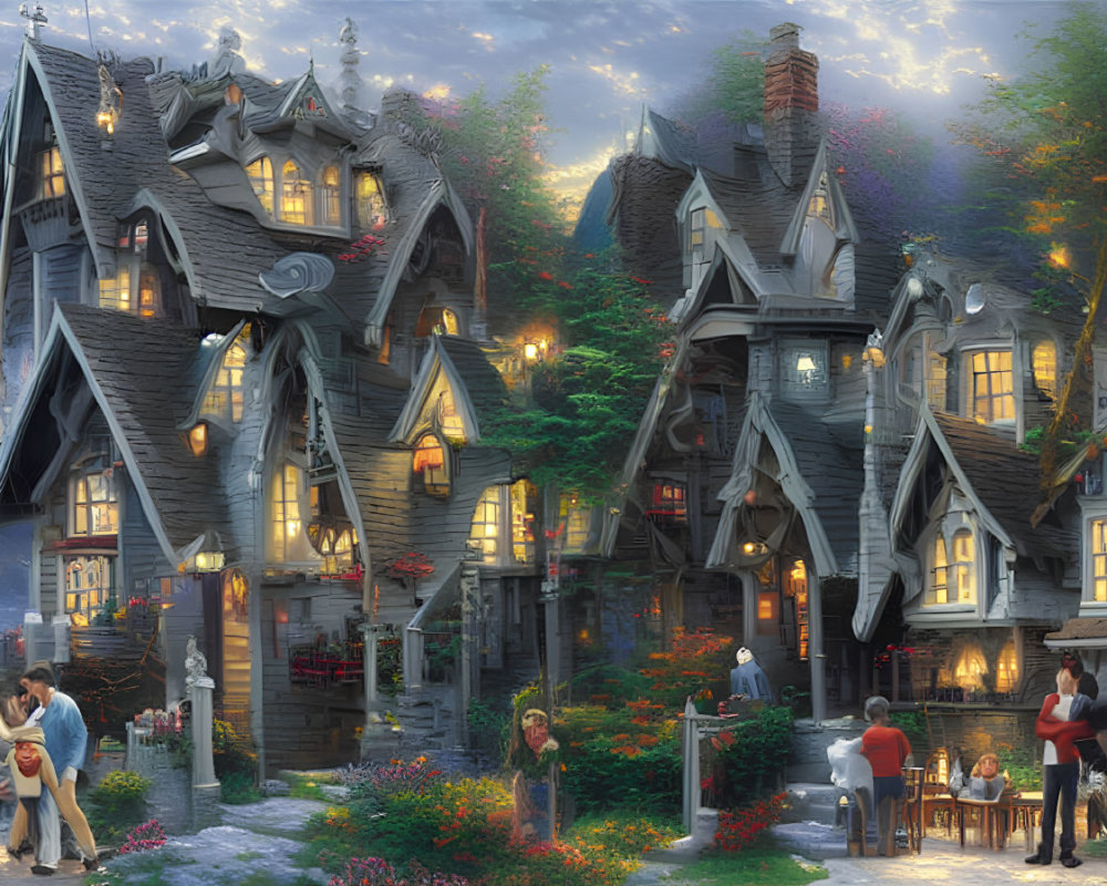 Enchanting fantasy village with Tudor-style houses and vibrant flowers at dusk