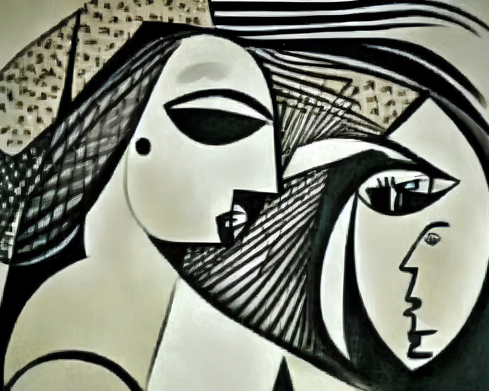 Monochrome Cubist faces with prominent eyes and noses