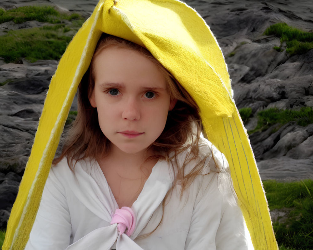 Young child in yellow towel and white shirt sitting outdoors