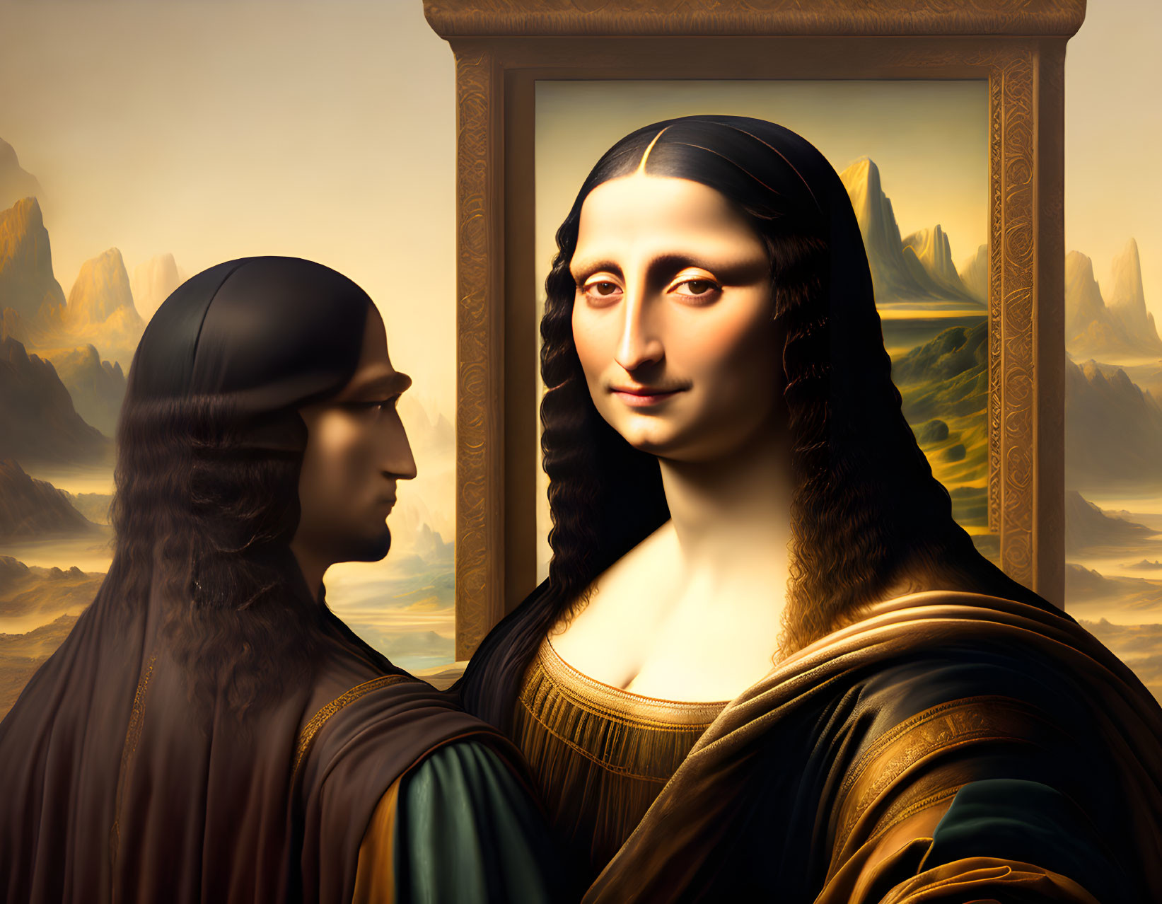 Surreal artwork: Two Mona Lisa portraits blend in landscape background