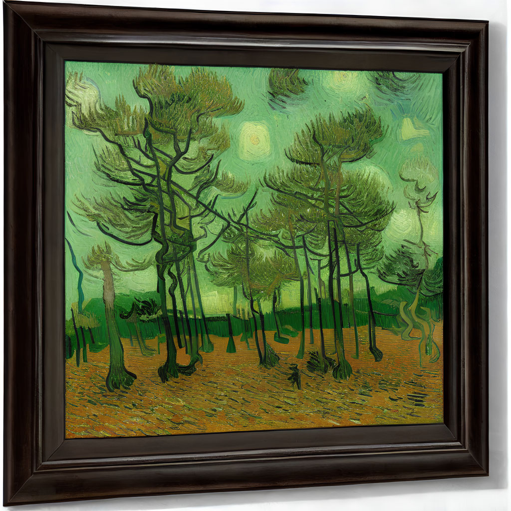 Vibrant framed painting of swirling green trees on textured orange and green ground.