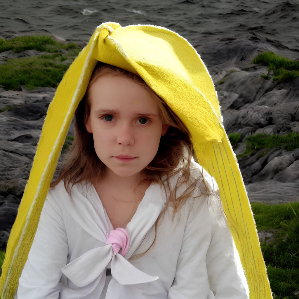 Young child in yellow towel and white shirt sitting outdoors