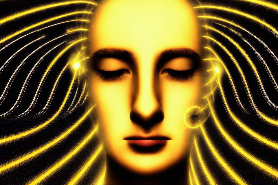 Serene face in surreal digital artwork with abstract yellow light waves and musical notes