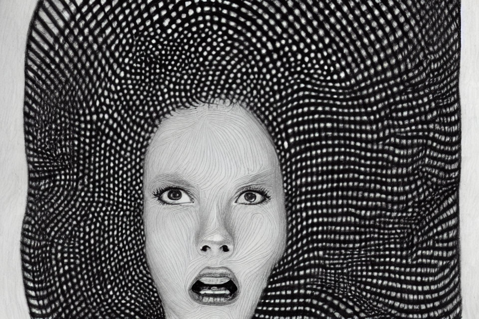 Surprised woman's face with swirling patterns in pencil art