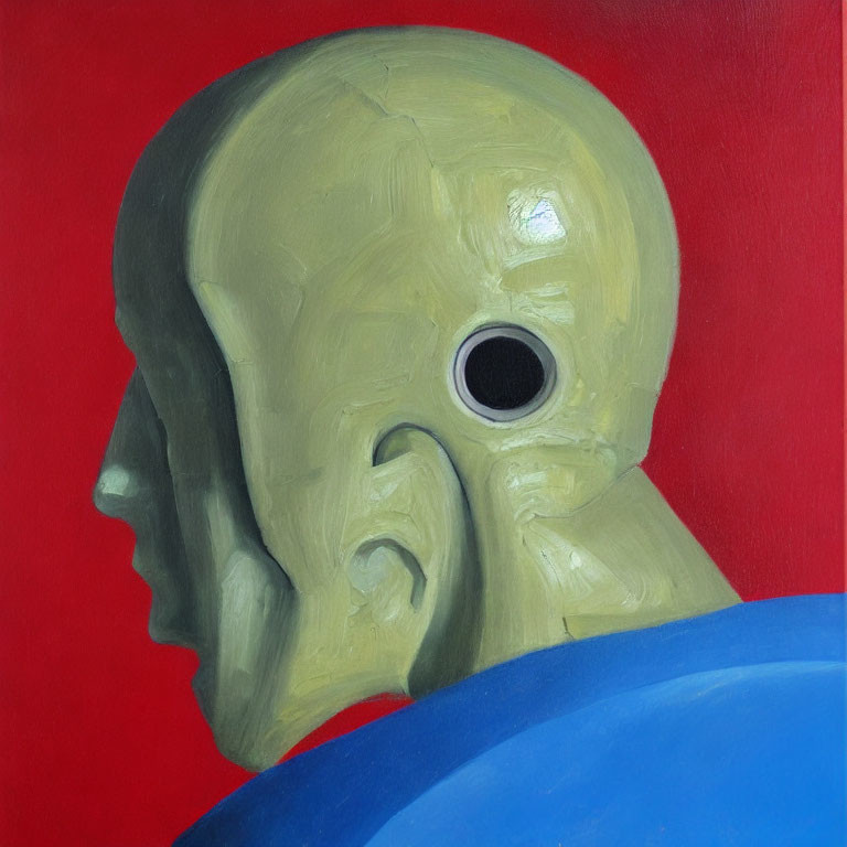 Abstract dual-profile head painting with normal and distorted faces.