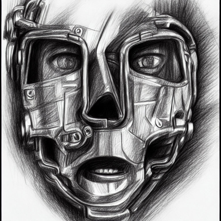 Detailed pencil sketch of a cyborg-inspired human face with mechanical elements