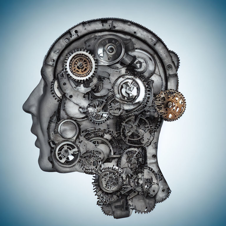 Intricate mechanical gears and cogs in human head silhouette on blue background