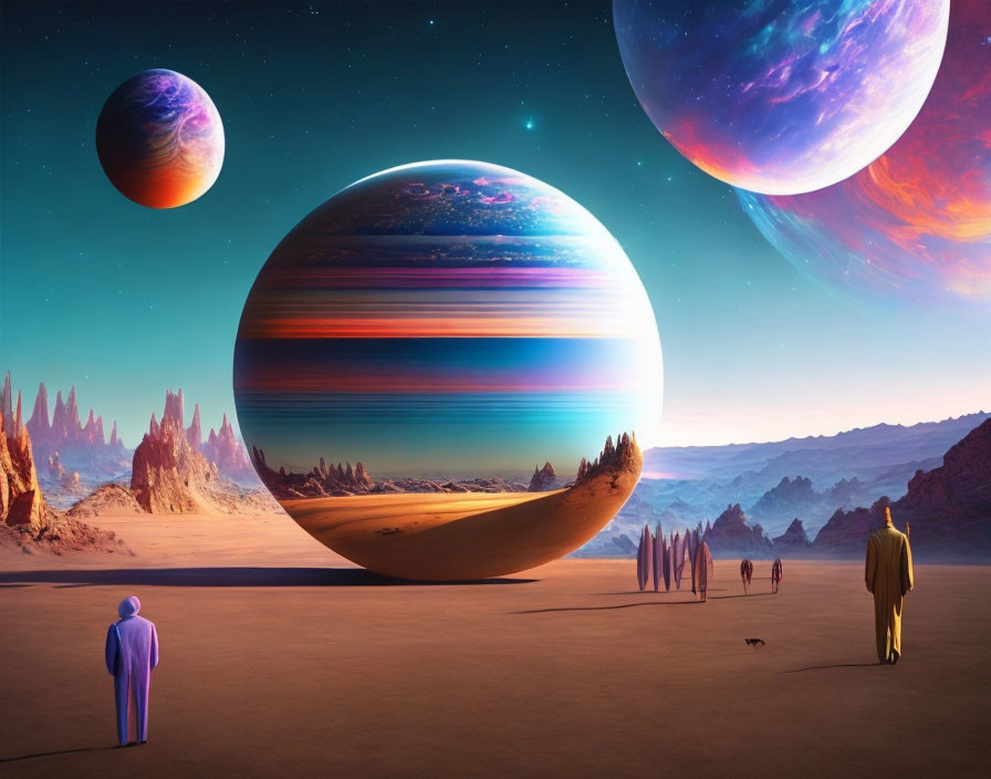 Vibrant surreal landscape with people observing colorful planets in starry sky